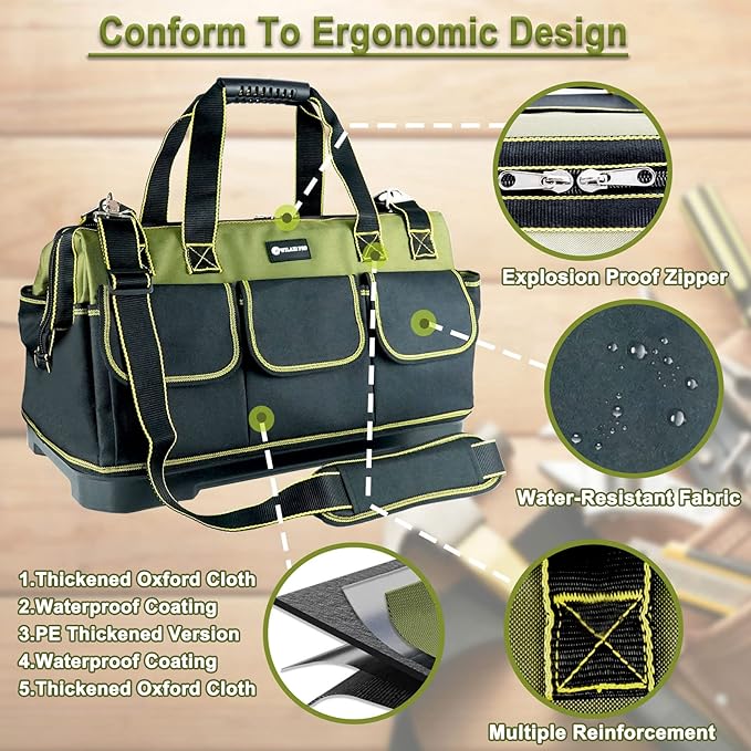 17in Tool Bag For Men Heavy Duty with Waterproof Molded Base, High Capacity Wide Mouth Tote, Construction Worker Electricians Tool Bags, Large Tool Bag Organizer for Men Women Tool Tote