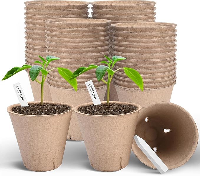 Peat Pots, 60 Pack Plant Starter Round Nursery Pot with Drainage Holes, Garden Germination Seedling Pots with 30 Plant Labels (3.15 Inch)