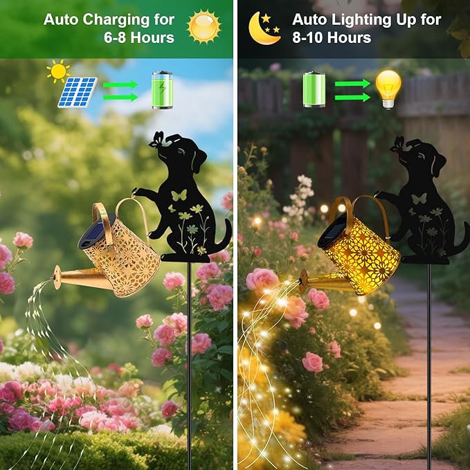 Solar Lights Outdoor, Dog Solar Watering Can Lights, Birthday Gifts for Women Mom Mother's Day Christmas, Waterproof Metal Hanging Lantern Garden Decor Outside Patio Yard Pathway Backyard, 2 Pack