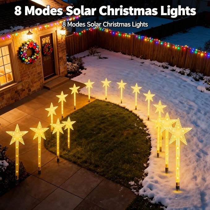 13.78FT Solar Star Pathway Lights, 8-Pack 8 Modes LED Star Stake Lights, IP64 Waterproof Christmas Decorative Lights for Yard, Garden, Walkway, Patio Holiday Party