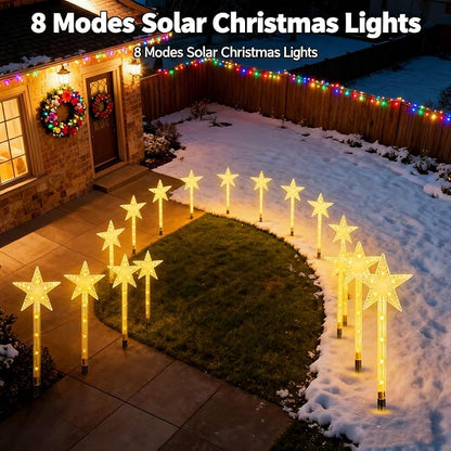 13.78FT Solar Star Pathway Lights, 8-Pack 8 Modes LED Star Stake Lights, IP64 Waterproof Christmas Decorative Lights for Yard, Garden, Walkway, Patio Holiday Party