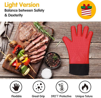 GEEKHOM Silicone Grilling Gloves, Heat Resistant Oven Mitts, BBQ Gloves, Waterproof Non-Slip for Barbecue, Cooking, Baking, Fryer, Red