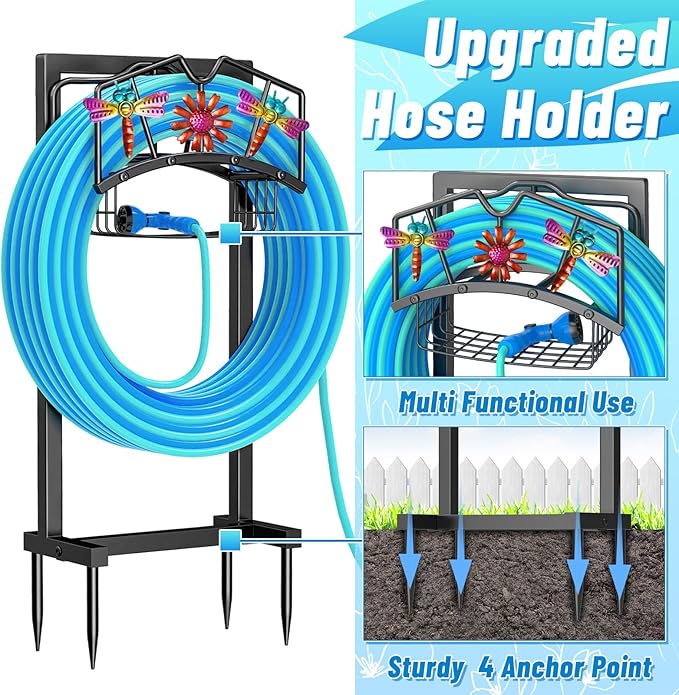 Garden Hose Holder, Freestanding Water Hose Holder with Storage Basket, Heavy Duty Metal Hose Reels Hanger Stand Organizer with 4 Spikes for Outside Yard Lawn Black