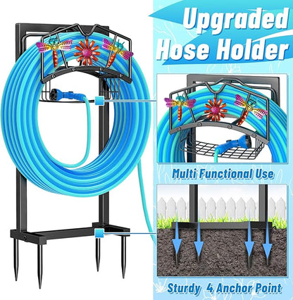 Garden Hose Holder, Freestanding Water Hose Holder with Storage Basket, Heavy Duty Metal Hose Reels Hanger Stand Organizer with 4 Spikes for Outside Yard Lawn Black