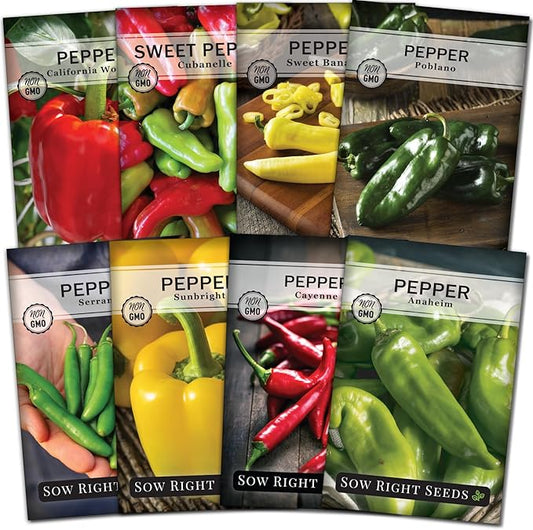 Sow Right Seeds - Hot & Sweet Pepper Seed Collection for Planting - California Wonder, Cubanelle, Sweet Banana, Poblano, Serrano, Sunbright, Cayenne, Anaheim - Non-GMO Heirloom Peppers to Plant