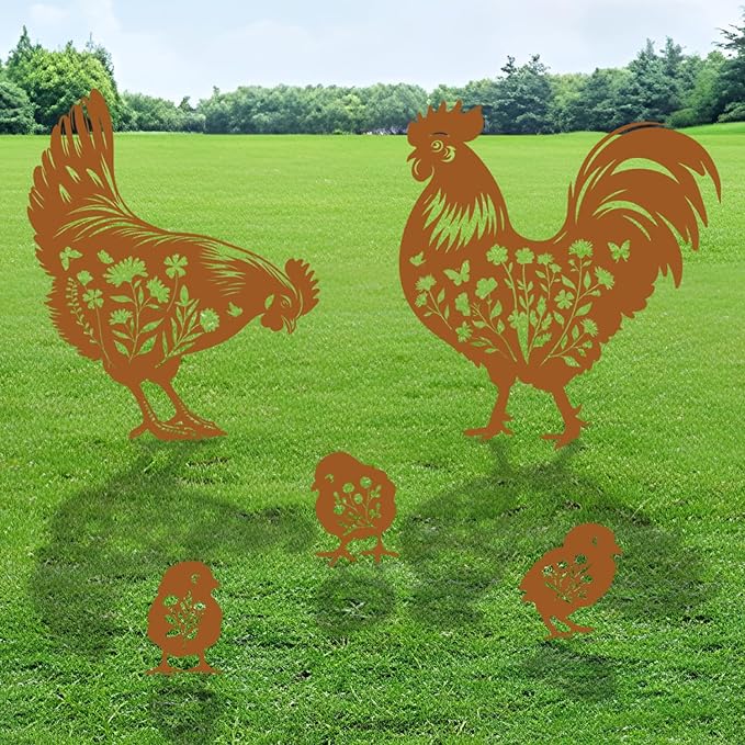 Chicken Metal Garden Stakes Yard Decor, 6PCS Black Chicken Silhouette Statues Garden Decor for Women Men Gifts, Metal Yard Stakes Gifts for Yard Art, Patio, Outside, Lawn Ornaments