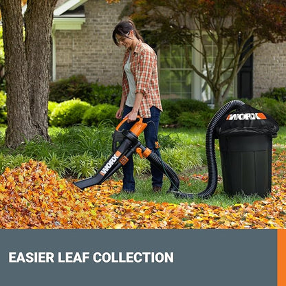 WORX Trivac 3-in-1 Electric Leaf Blower for Lawn Care, Leaf Mulcher/Leaf Vacuum with Bag, 350 CFM & 210 MPH, Leaf Shredder with Metal Impeller, Reusable Bag Included, Corded, WG505.2