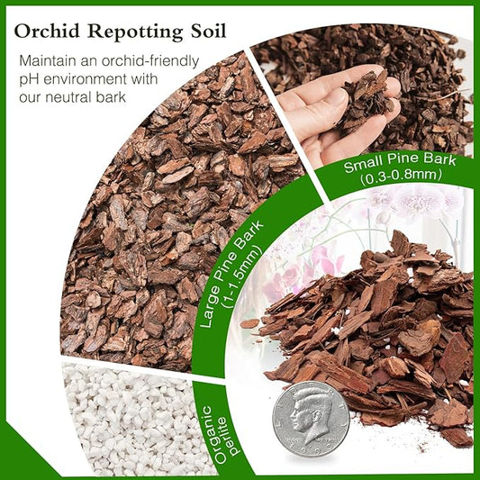 Orchid Bark Potting Mix,Premium Orchid Potting Mixture of Pine Bark and Perlite,Good Ventilation and Water Retention for Repotting Orchids and Growing Indoor Plants,1QT