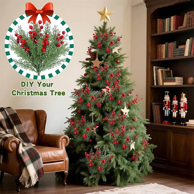 4 Bundles 140 Pcs Artificial Christmas Flowers with Red Berry Stems, Fake Norfolk Pine Garland Branches for Winter Decor, Faux Christmas Garland Tree Picks and DIY Crafts (Pine Foliage)