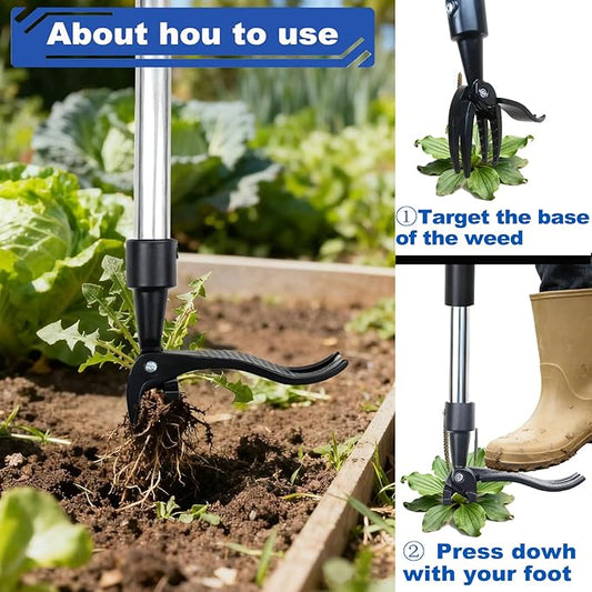 Weed Puller Tool Stand Up Weeder with Long Handle & 4-Claw Steel Head, Manual Weed Remover for Lawn and Garden, No Bend Weeding Tool