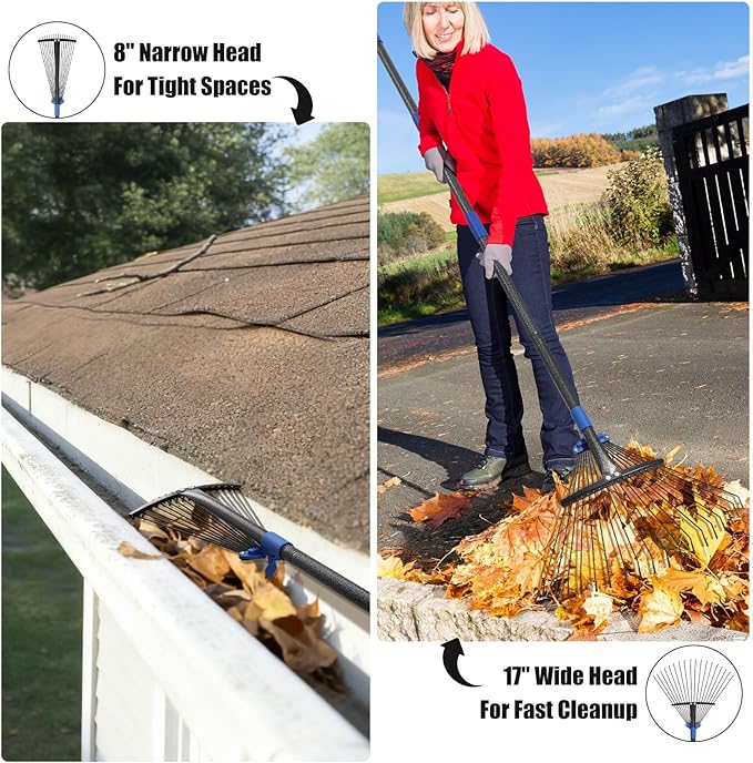 Expandable Rake for Leaves, Garden Leaf Rake for Lawns with 8-17“ Width & 65” Height - Lightweight Metal Yard Rakes for Women & Kids, for Pine Needles, Grass, Dog Poop - Easy Storage for RV & Camping