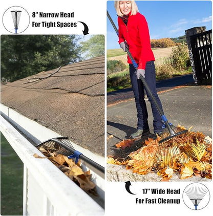 Expandable Rake for Leaves, Garden Leaf Rake for Lawns with 8-17“ Width & 65” Height - Lightweight Metal Yard Rakes for Women & Kids, for Pine Needles, Grass, Dog Poop - Easy Storage for RV & Camping