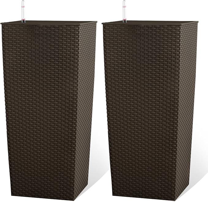 23in Tall Planter Set of 2, Large Self Watering Pots for Indoor/Outdoor Plants with Drain Holes, Water Level Monitor, Inner Bucket for Front Porch Patio, Brown Rattan