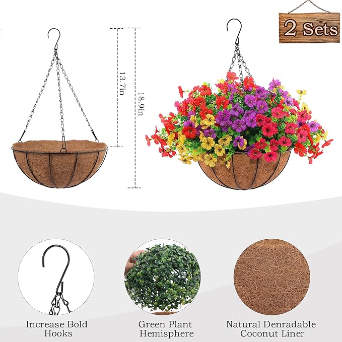 Hananona 2 Set Artificial Outdoor Flowers with Hanging Basket, 2 Hanging Planters with 24 Pcs Flowers for Spring Summer Front Porch Garden Patio Home Decor (2, Red, Purple, Yellow, Rose Red)