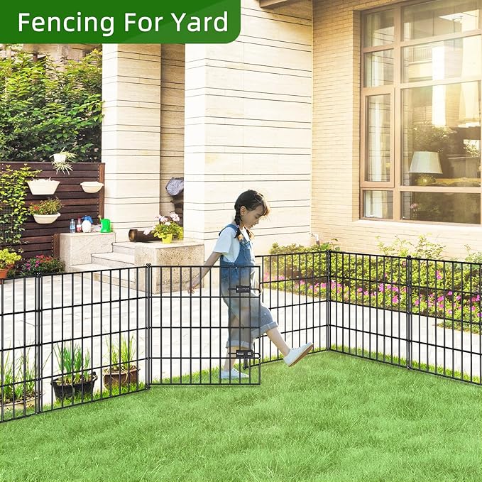 Metal Garden Fence 28in (H) x 23.3ft (L), 1 Gate + 9 Panels Dog Fence Border Fences Animal Barrier, No Dig Garden Fencing for Yard Flower Bed Lawn Patio Outdoor, PIN282810G Black