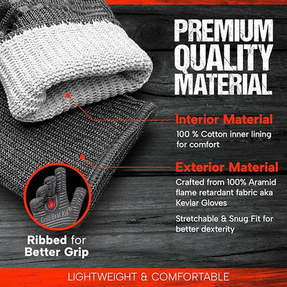 GRILL HEAT AID BBQ Grill Gloves Heat Proof for Grilling – Fireproof 1472°F Heat-Resistant Grill Mitts for Outdoor Barbecue and Smoker, Campfire, Fire Pit, Oven Glove with Fingers for Baking Pizza