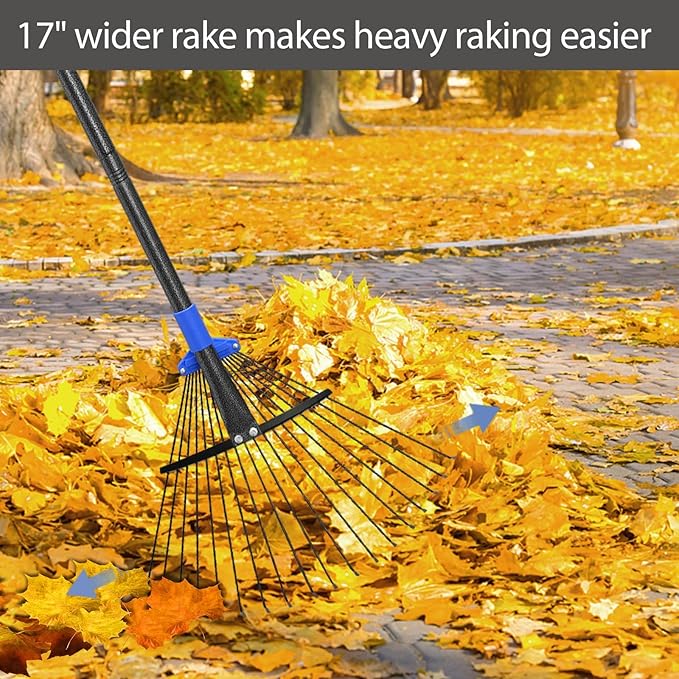 Metal Rake for Leaves Heavy Duty, Adjustable Garden Leaf Rake with Expandable Head 8-17", Shrub Pine Needle Kids Hand Yard Rake Garden Tool 30-70"
