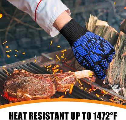 BBQ Gloves, Oven Gloves, Extreme Heat Resistant Barbecue Gloves, Silicone Non-Slip Oven Mitts, Kitchen Gloves for Cooking, Grilling, and Baking (Blue)