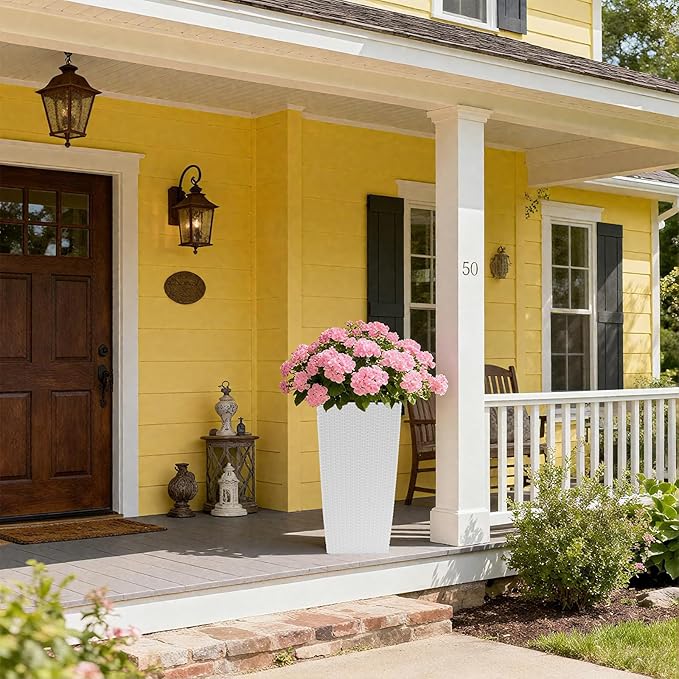 2 Pack Tall Planters for Indoor or Outdoor Plants, Self-Watering Pots with Drain Holes, 22-Inch High Faux Rattan Design Modern Tall Square Planter Box for Porch, Patio, Backyard (Pack of 2, White)