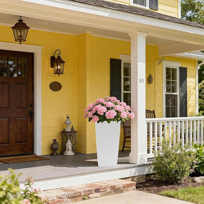 2 Pack Tall Planters for Indoor or Outdoor Plants, Self-Watering Pots with Drain Holes, 22-Inch High Faux Rattan Design Modern Tall Square Planter Box for Porch, Patio, Backyard (Pack of 2, White)