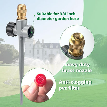 Metal Lawn Sprinklers for Yard, 2 Pack 360° Rotating Sprinkler for Small to Medium Area Garden & Lawn, Adjustable Brass Nozzle with Aluminum Alloy Spike Base