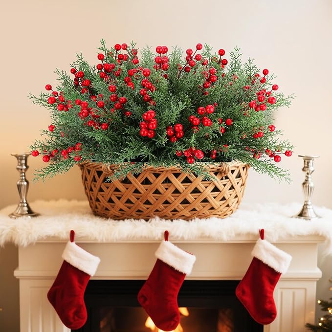 4 Bundles 140 Pcs Artificial Christmas Flowers with Red Berry Stems, Fake Norfolk Pine Garland Branches for Winter Decor, Faux Christmas Garland Tree Picks and DIY Crafts (Pine Foliage)