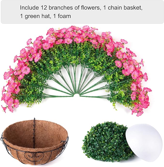 Artificial Faux Hanging Flowers Plants Baskets for Outdoors, Fake Silk Morning Glory in Planter UV Resistant Realistic Artificial Flower for Outside Porch Patio Balcony Garden Yard Home Decor