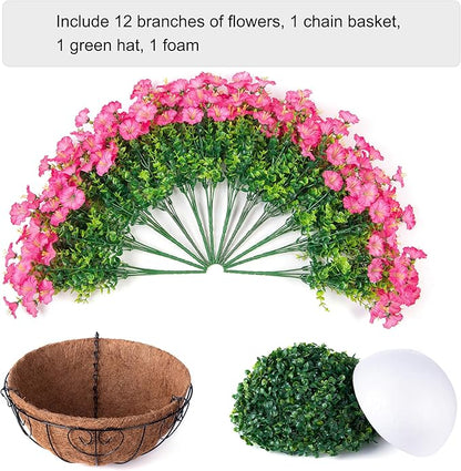 Artificial Faux Hanging Flowers Plants Baskets for Outdoors, Fake Silk Morning Glory in Planter UV Resistant Realistic Artificial Flower for Outside Porch Patio Balcony Garden Yard Home Decor