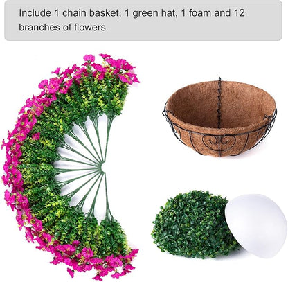 Artificial Fake Hanging Flowers Plants Baskets for Outdoor Spring Summer Decoration, Faux Silk Morning Glory in Planter UV Resistant Realistic for Home Outside Porch Patio Balcony Garden Yard, Fuchsia