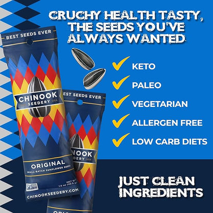 Chinook Seedery Low Sodium Sunflower Seeds – Original Flavor, Pack of 36, 1.5oz – Sunflower Seeds to Eat – Keto, Jumbo, Roasted, Baseball Snacks
