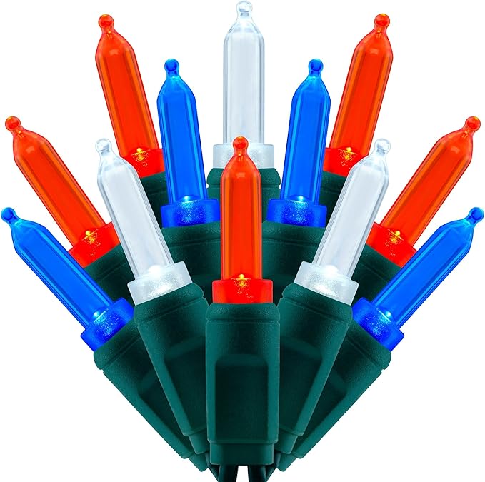 100 Red White Blue One-Piece LED Christmas Lights, 33 ft Green Cord High Waterproof UL Certified Patriotic Outdoor String Lights (Red White & Blue)