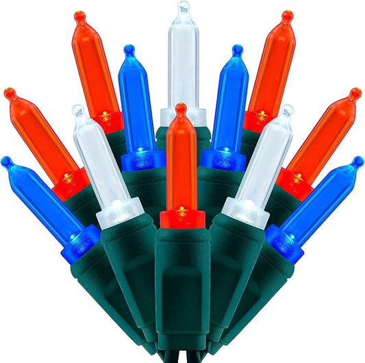 100 Red White Blue One-Piece LED Christmas Lights, 33 ft Green Cord High Waterproof UL Certified Patriotic Outdoor String Lights (Red White & Blue)