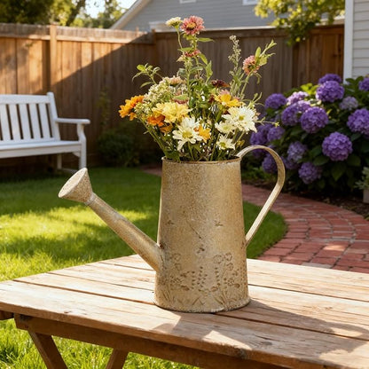 Vintage Distressed Gold Flower & Garden Watering Can, Decorative Metal Watering Pot Planter for Home Patio Backyard Outdoor Plant Care, Rustic Farmhouse Home Decor Accent