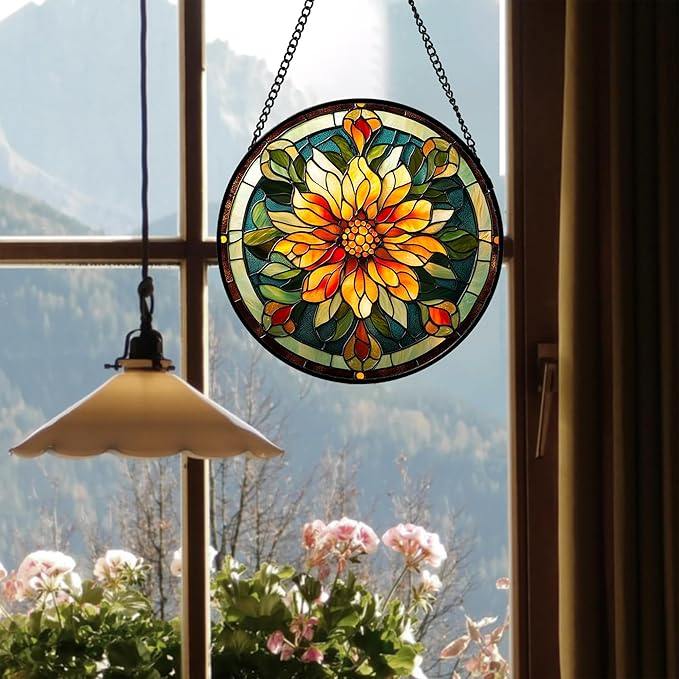 Stained Glass Window Hanging - Retro Yellow Flower Suncatcher for Door Garden Home Decor Dahlia Sun Catcher Christmas Birthday for Lovers Friend Women Mom Nana 9.8 in