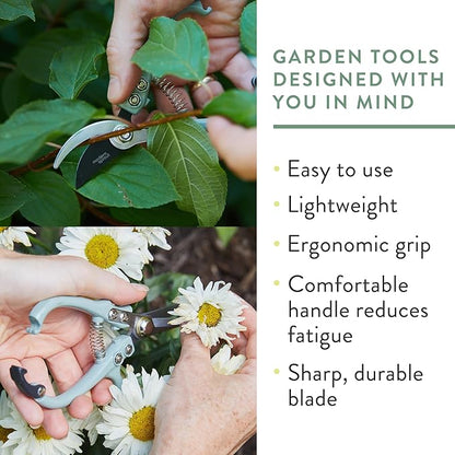 Modern Sprout Hand Pruners & Shears Set - Lightweight Gardening Tools W/Easy Lock - Sharp Carbon Steel Blades -Rust Resistant Scissors for Herbs, Flowers - Reusable Holster - Ocean