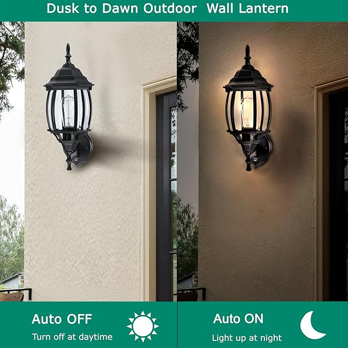 16.8 Inch Outdoor Porch Light Dusk to Dawn, Black Outside Lights for House Outdoor Exterior Wall Sconce with Dusk to Dawn Sensor, Black Wall Lantern for Porch Garage,Front Door,E26
