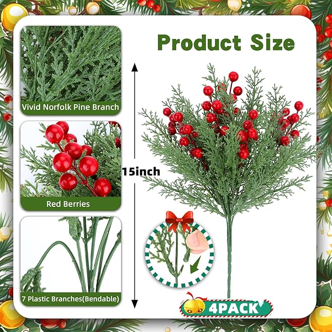 4 Bundles 140 Pcs Artificial Christmas Flowers with Red Berry Stems, Fake Norfolk Pine Garland Branches for Winter Decor, Faux Christmas Garland Tree Picks and DIY Crafts (Pine Foliage)