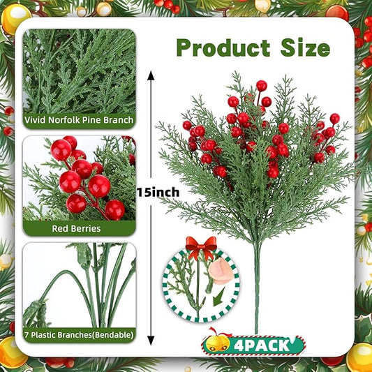 4 Bundles 140 Pcs Artificial Christmas Flowers with Red Berry Stems, Fake Norfolk Pine Garland Branches for Winter Decor, Faux Christmas Garland Tree Picks and DIY Crafts (Pine Foliage)