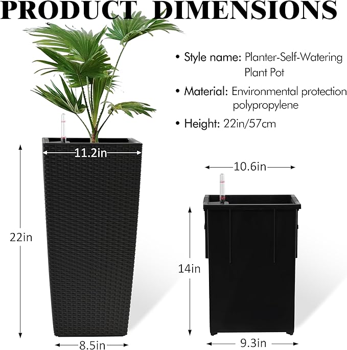 23in Tall Planter Set of 2, Large Self Watering Pots for Indoor/Outdoor Plants with Drain Holes, Water Level Monitor, Inner Bucket for Front Porch Patio, Black Rattan