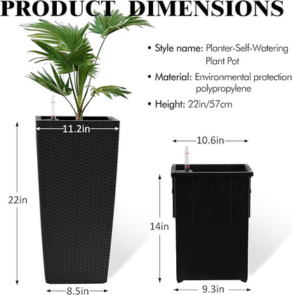 23in Tall Planter Set of 2, Large Self Watering Pots for Indoor/Outdoor Plants with Drain Holes, Water Level Monitor, Inner Bucket for Front Porch Patio, Black Rattan