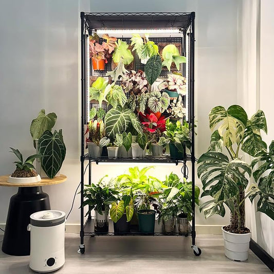 Bstrip Plant Shelf with Grow Light & Pegboard, Metal Plant Stand with Adjustable Rack and Wheels, 4 x 24W Full Spectrum Grow Light Strip for Indoor Plants, Foliage Plants, Seedling, 29.5"x13.8"x59"