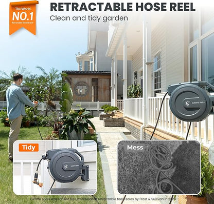 Giraffe Tools Retractable Garden Hose Reel 1/2 Inch x 130 ft, Super Heavy Duty, Any Length Lock, Slow Return System, Wall Mounted and 180 Deg Swivel Bracket