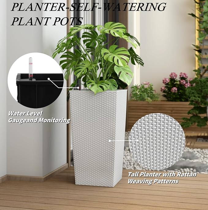 23in Tall Planter Set of 2, Large Self Watering Pots for Indoor/Outdoor Plants with Drain Holes, Water Level Monitor, Inner Bucket for Front Porch Patio, White Rattan