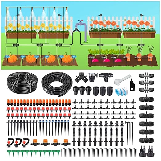Drip Irrigation System Kit for Garden: 299CPS Automatic Drip Irrigation Kits Greenhouse Plant Watering System with 5 Kinds of Sprayers,1/4 inch 1/2 inch Irrigation Tubing Hose for Raised Bed