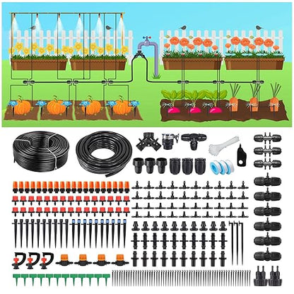 Drip Irrigation System Kit for Garden: 299CPS Automatic Drip Irrigation Kits Greenhouse Plant Watering System with 5 Kinds of Sprayers,1/4 inch 1/2 inch Irrigation Tubing Hose for Raised Bed