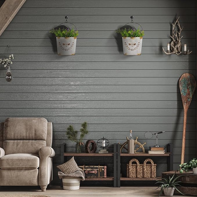 CVHOMEDECO. Farmhouse Wall Mount Metal Flower Pots Rustic Galvanized Bee Flower Holder Wall Hanging Pocket Planter for Indoor, Outdoor and Wall Decor, Set of 2 (Grey)