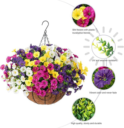 Artificial Faux Hanging Flowers Plants Baskets for Outdoors Spring Decor, Fake Silk Morning Glory in Planter UV Resistant Realistic Outdoor Flowers for Outside Porch Patio Balcony Garden Yard Home