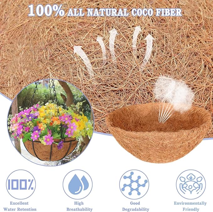 Halatool 4PCS 18 Inch Coconut Liners - 100% Natural Coco Fiber Round Liners for Planters, Flowers, Vegetables