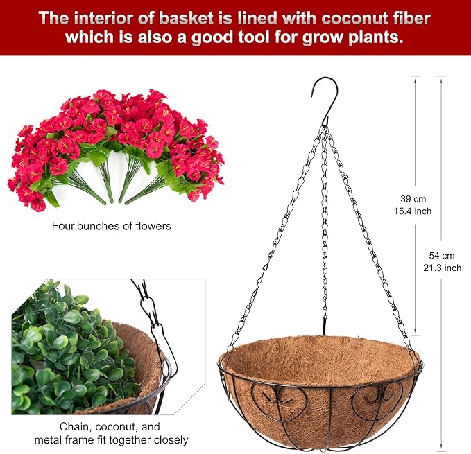 Artificial Hanging Flower Plants with Basket for Outdoor Decoration, Faux Petunias Flowers Fake Morning Glory Planter for Outside Patio Garden Porch Balcony Yard Decor(Red)