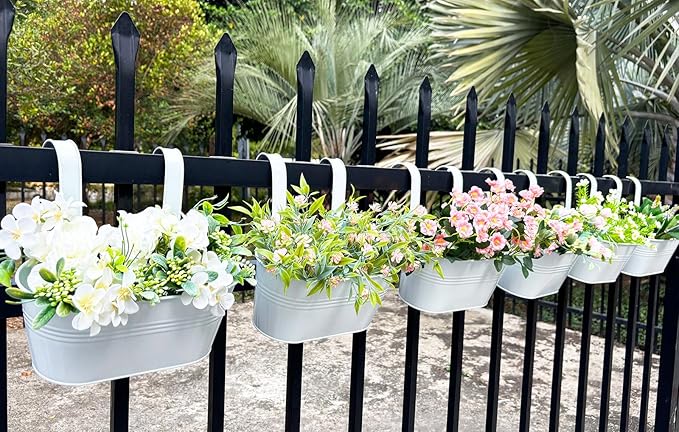 10" Hanging Flower Pots, Pack of 8 White Metal Outdoor Patio Balcony Planter, Railing Planters Fence Pot with Detachable Hook & Drainage Hole for Small Plants (White, 8Pcs)